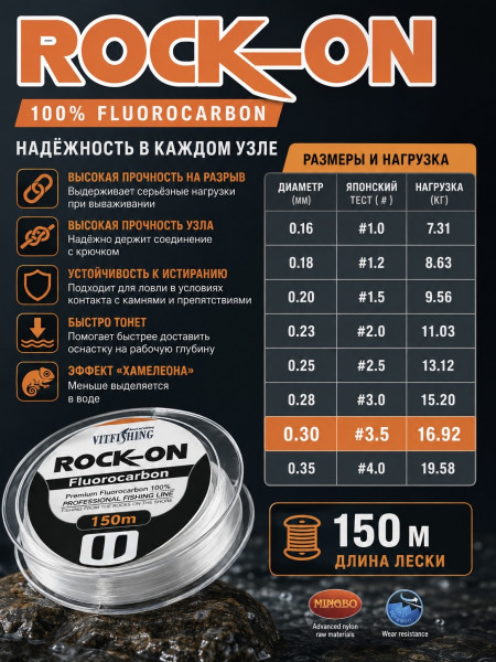 Леска флюорокарбоновая ROCK-ON, 150м, 0,16мм